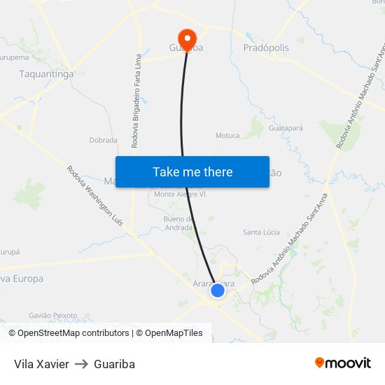 Vila Xavier to Guariba map
