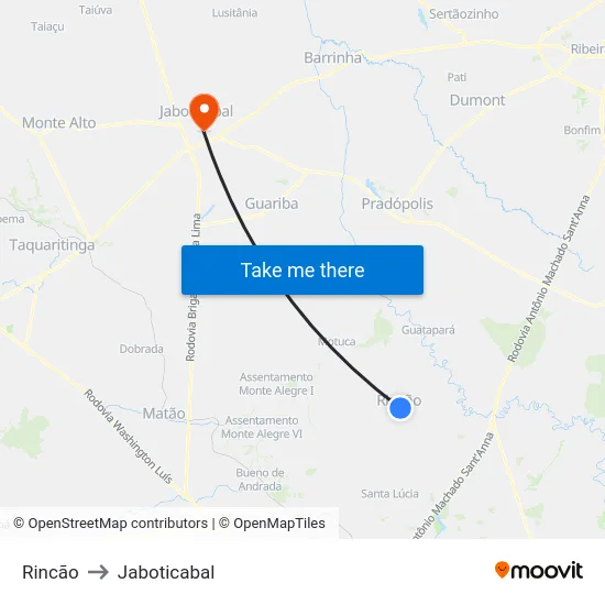 Rincão to Jaboticabal map