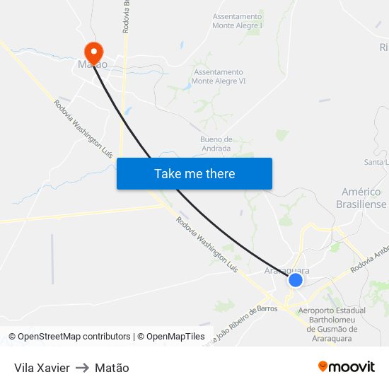 Vila Xavier to Matão map