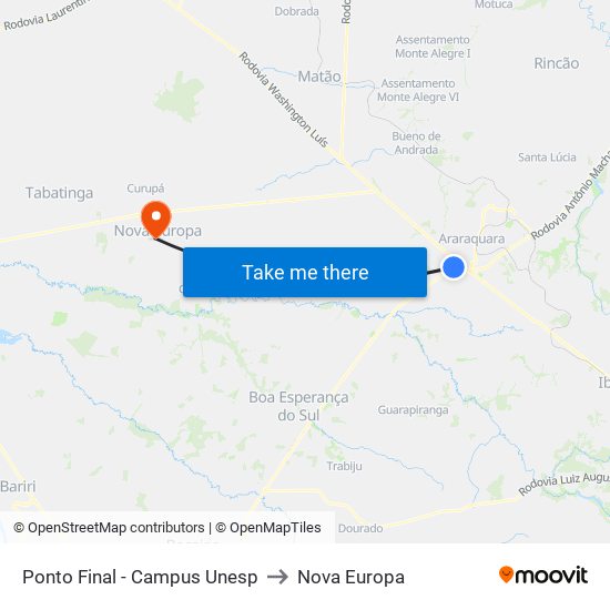Ponto Final - Campus Unesp to Nova Europa map