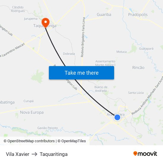 Vila Xavier to Taquaritinga map