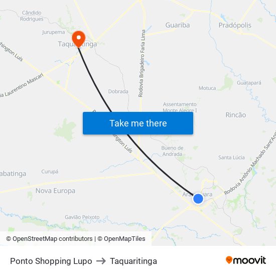 Ponto Shopping Lupo to Taquaritinga map