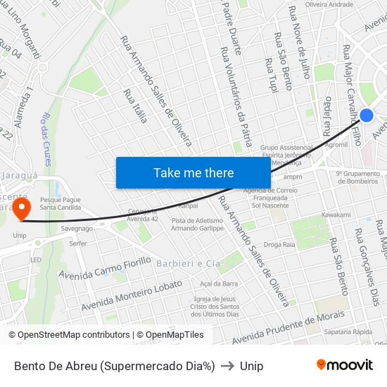 Bento De Abreu (Supermercado Dia%) to Unip map