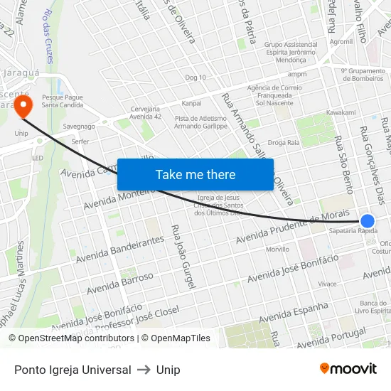 Ponto Igreja Universal to Unip map