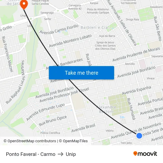 Ponto Faveral - Carmo to Unip map