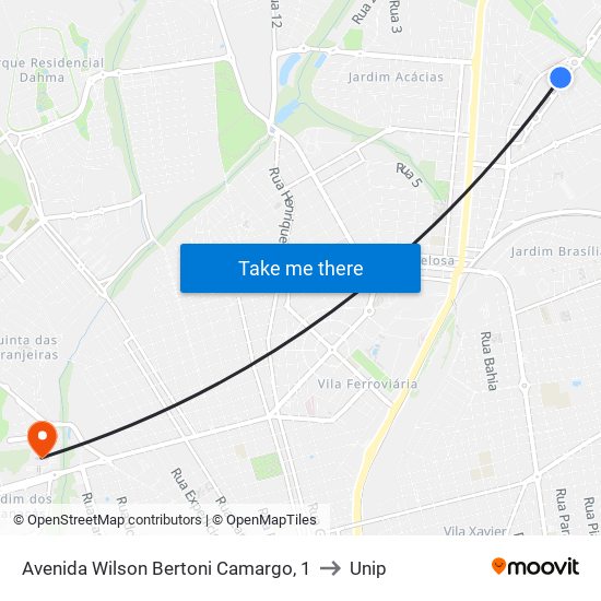 Avenida Wilson Bertoni Camargo, 1 to Unip map