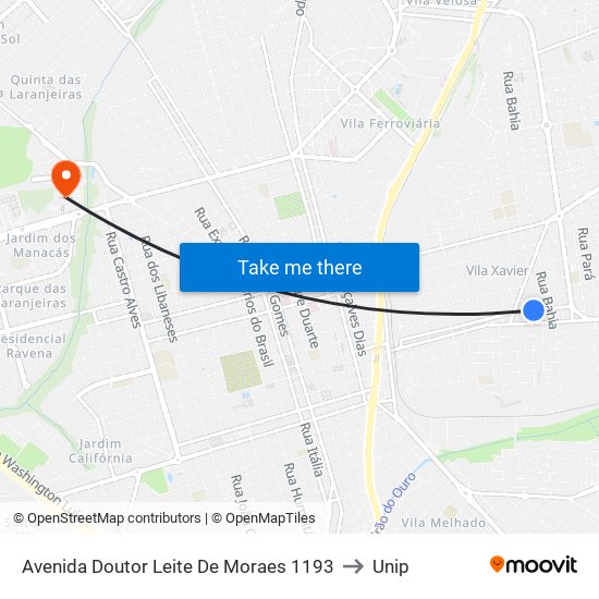 Avenida Doutor Leite De Moraes 1193 to Unip map