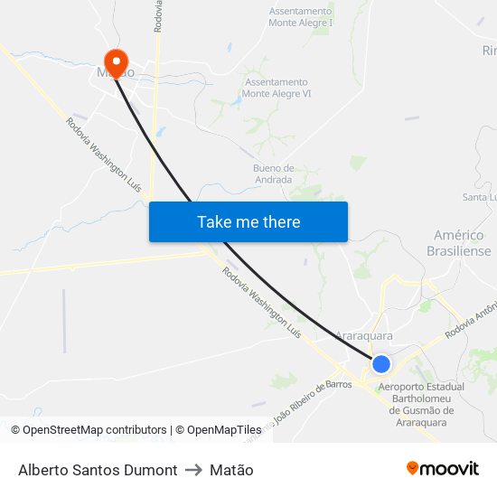 Alberto Santos Dumont to Matão map