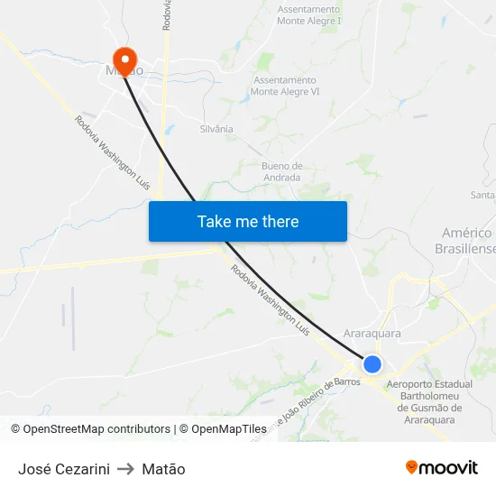 José Cezarini to Matão map