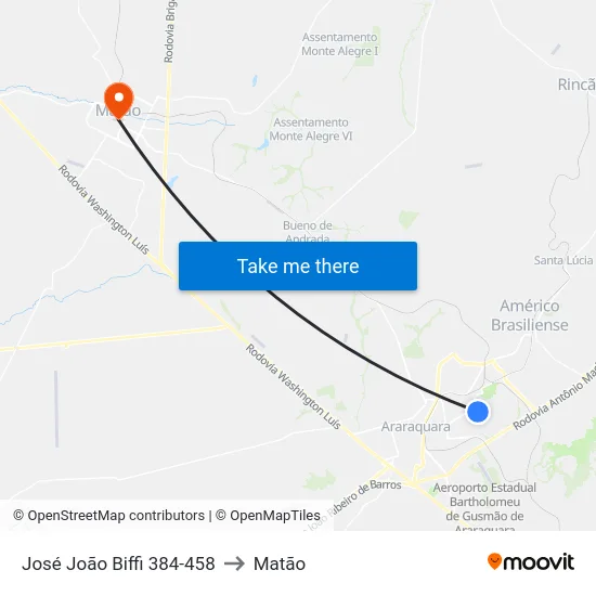 José João Biffi 384-458 to Matão map