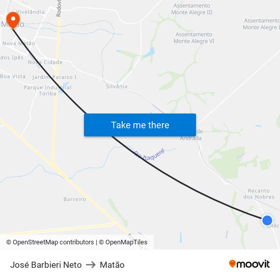 José Barbieri Neto to Matão map