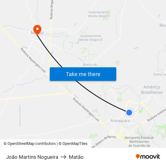 João Martins Nogueira to Matão map