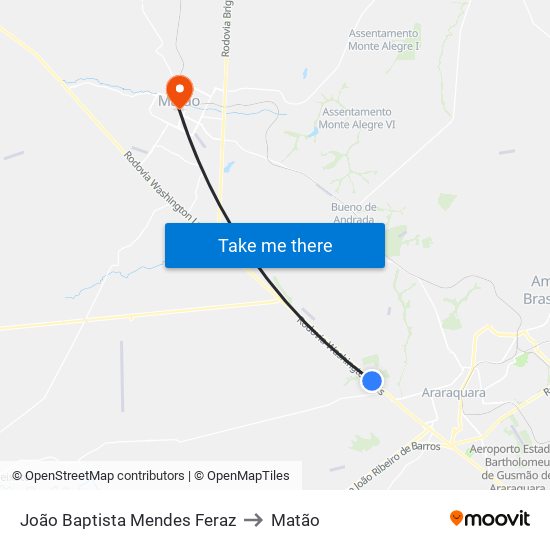 João Baptista Mendes Feraz to Matão map