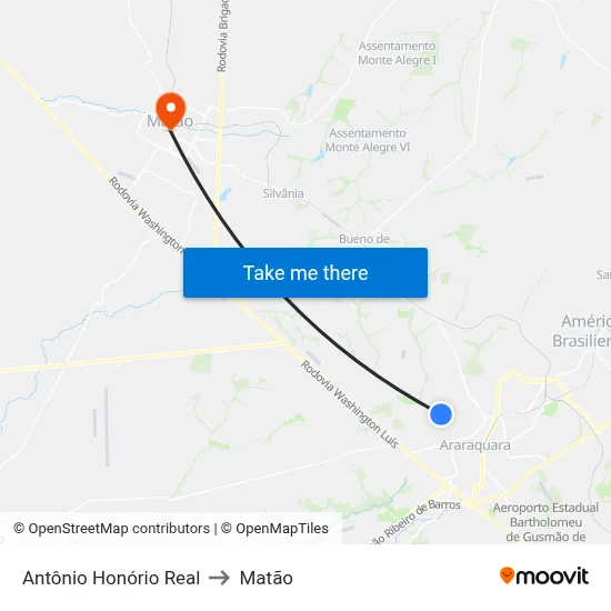 Antônio Honório Real to Matão map