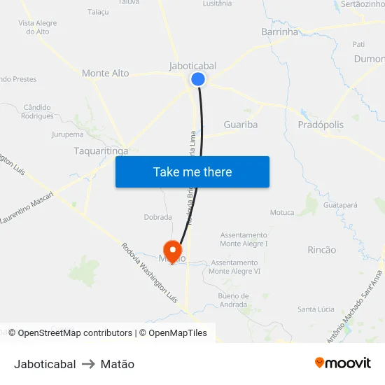 Jaboticabal to Matão map