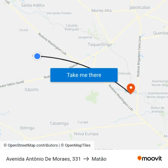Avenida Antônio De Moraes, 331 to Matão map