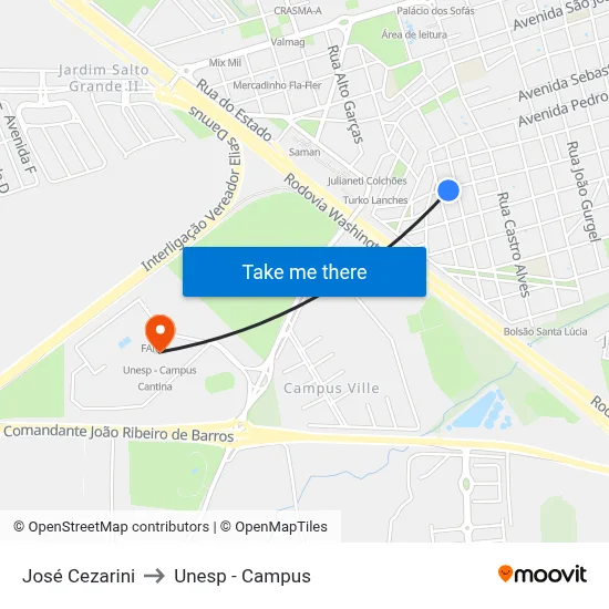 José Cezarini to Unesp - Campus map