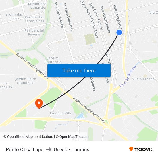 Ponto Ótica Lupo to Unesp - Campus map