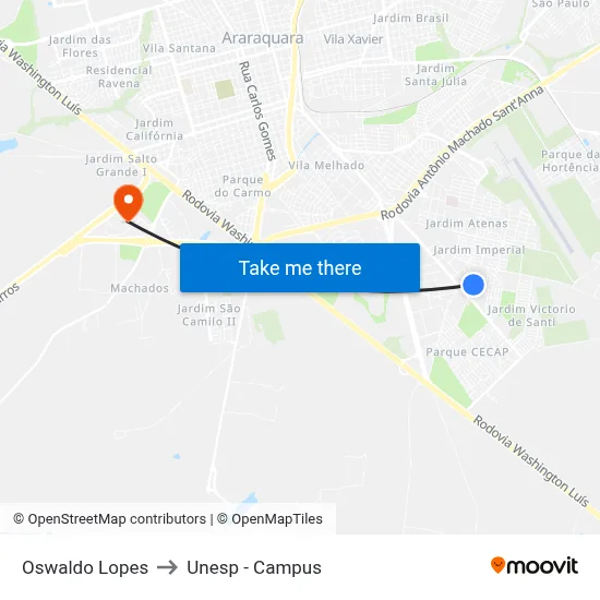 Oswaldo Lopes to Unesp - Campus map