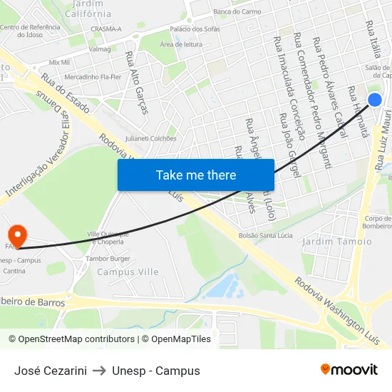 José Cezarini to Unesp - Campus map
