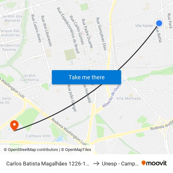 Carlos Batista Magalhães 1226-1296 to Unesp - Campus map