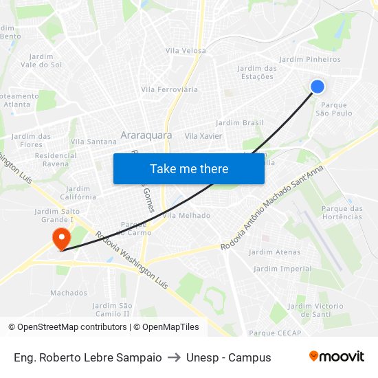Eng. Roberto Lebre Sampaio to Unesp - Campus map