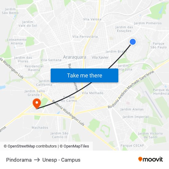 Pindorama to Unesp - Campus map