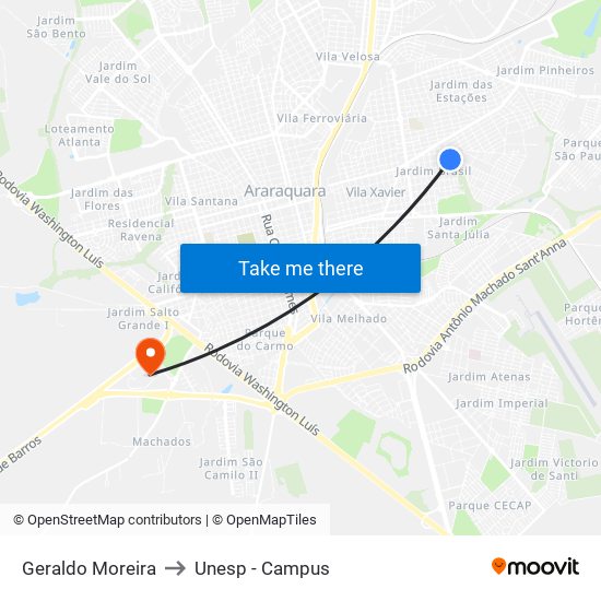 Geraldo Moreira to Unesp - Campus map