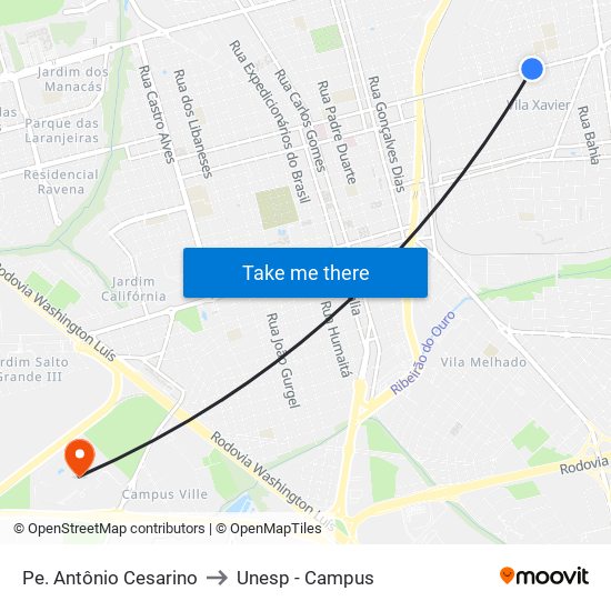 Pe. Antônio Cesarino to Unesp - Campus map