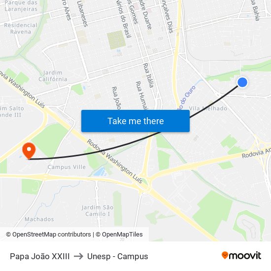 Papa João XXIII to Unesp - Campus map