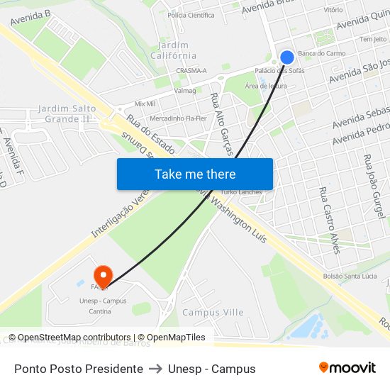 Ponto Posto Presidente to Unesp - Campus map