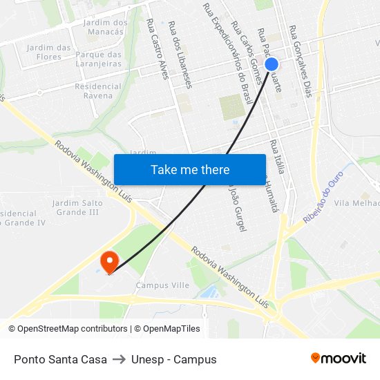 Ponto Santa Casa to Unesp - Campus map