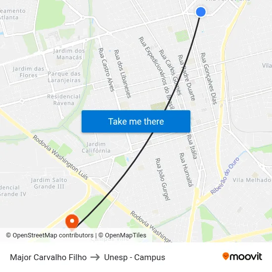 Major Carvalho Filho to Unesp - Campus map