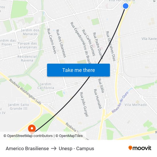 Americo Brasiliense to Unesp - Campus map