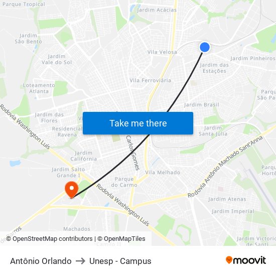 Antônio Orlando to Unesp - Campus map