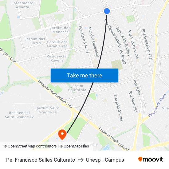 Pe. Francisco Salles Culturato to Unesp - Campus map