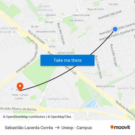 Sebastião Lacerda Corrêa to Unesp - Campus map