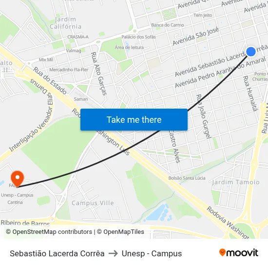 Sebastião Lacerda Corrêa to Unesp - Campus map