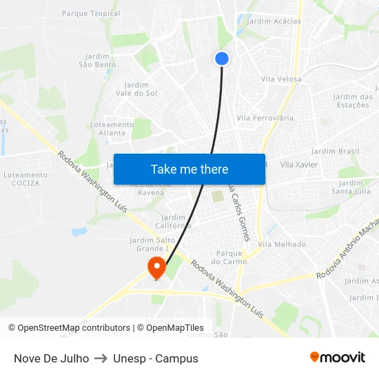 Nove De Julho to Unesp - Campus map