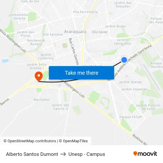 Alberto Santos Dumont to Unesp - Campus map