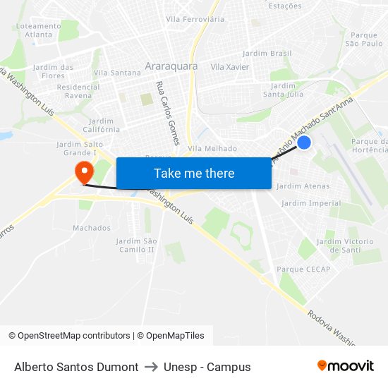 Alberto Santos Dumont to Unesp - Campus map