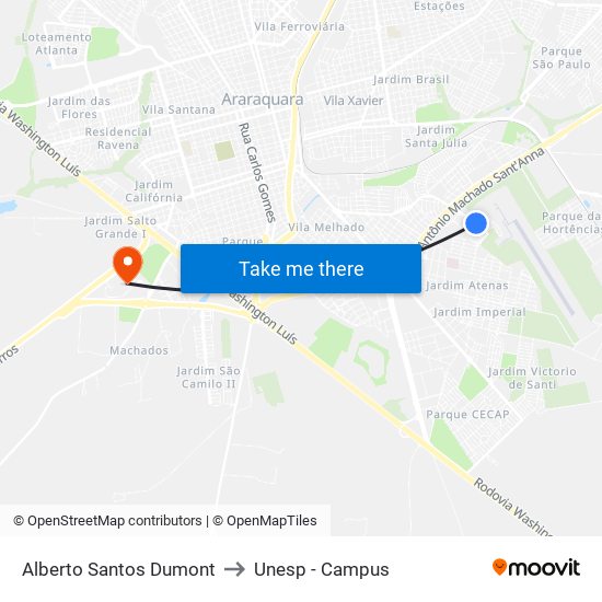 Alberto Santos Dumont to Unesp - Campus map