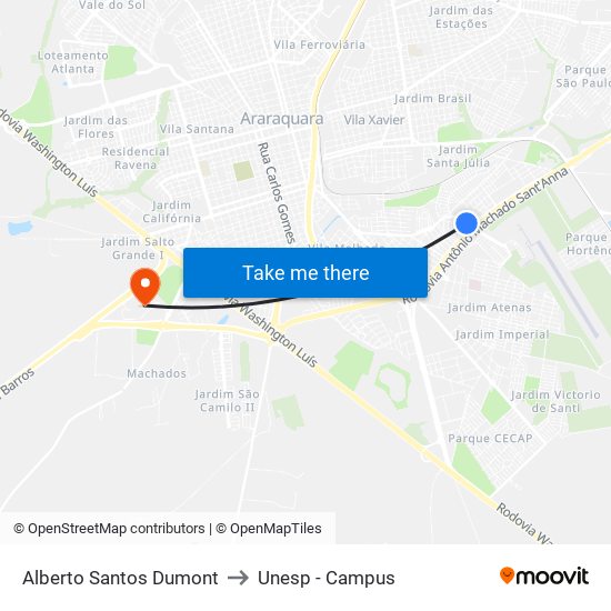 Alberto Santos Dumont to Unesp - Campus map