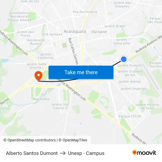 Alberto Santos Dumont to Unesp - Campus map