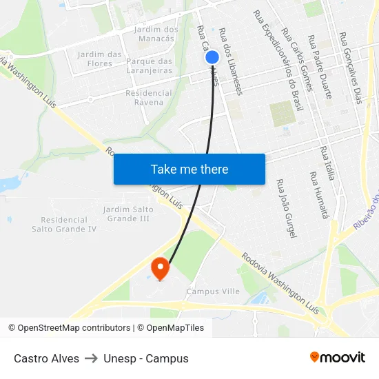 Castro Alves to Unesp - Campus map