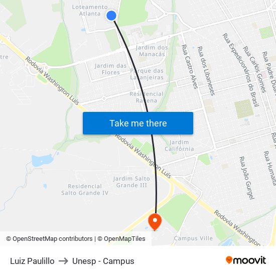 Luiz Paulillo to Unesp - Campus map