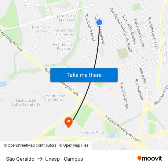 São Geraldo to Unesp - Campus map