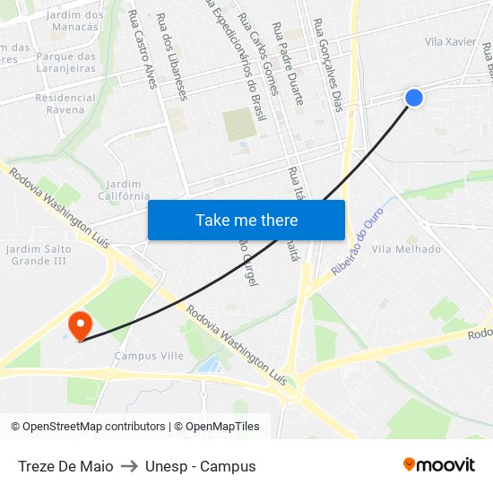 Treze De Maio to Unesp - Campus map