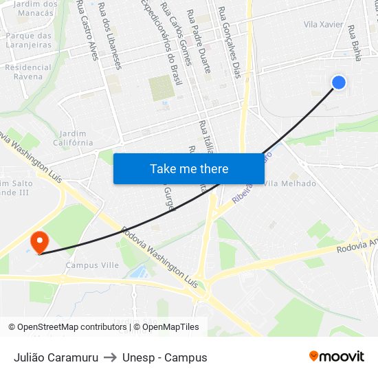 Julião Caramuru to Unesp - Campus map