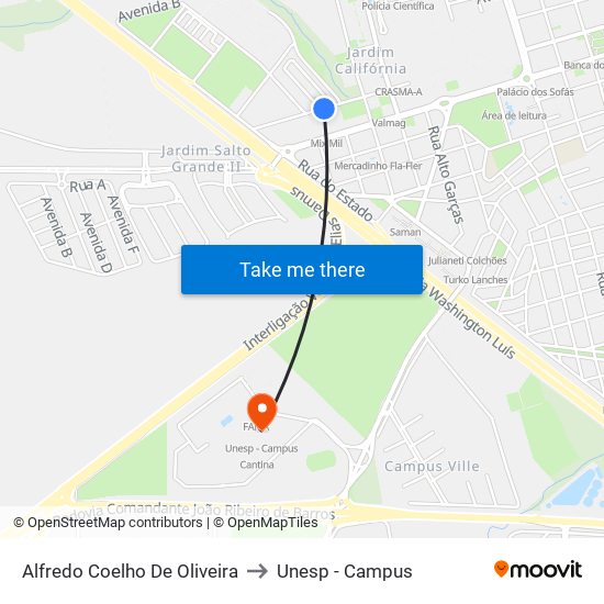 Alfredo Coelho De Oliveira to Unesp - Campus map
